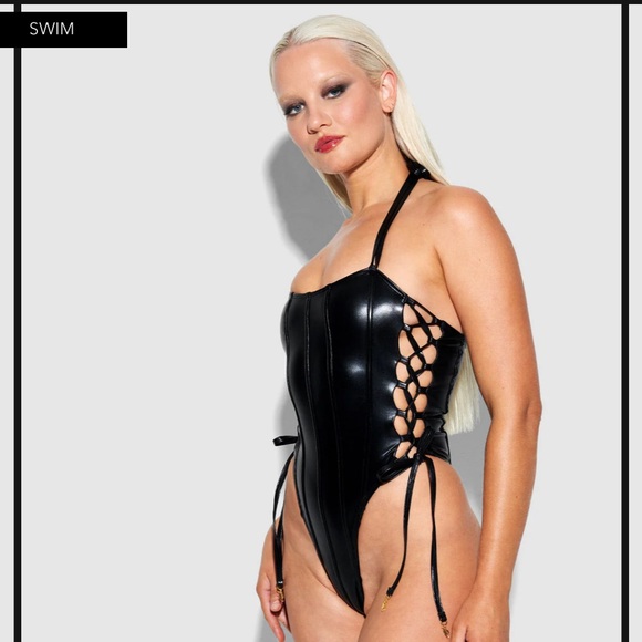 Shiny Black Halter Swim One Piece w/lace up detailing - Picture 4 of 9